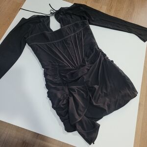 House of CB Black Long-Sleeve Ruched Corset Mini Dress